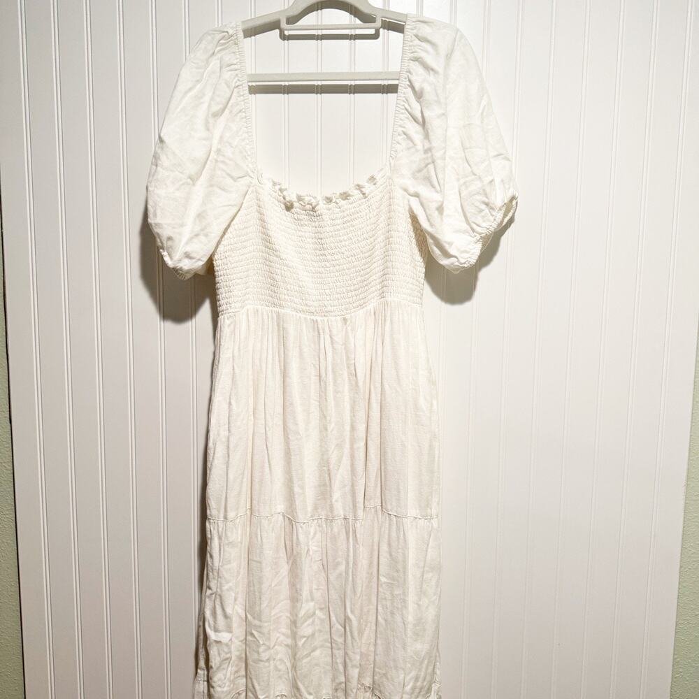 Abercrombie Fitch White Cotton Linen Smocked Maxi Dress Puff Sleeves Size XXL - Picture 7 of 7